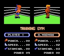 リングキングのトレーニングジム画面、ボクサーの能力パラメータ表示