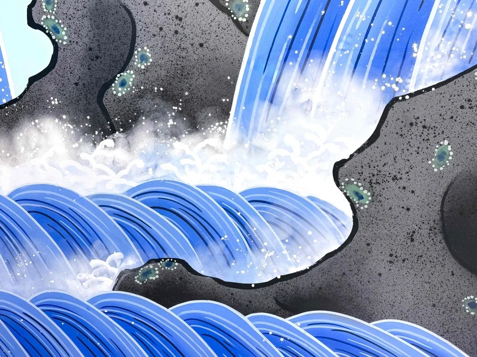 GiGO六本木の階段室ウォールアート、滝壺の力強い水流のクローズアップ