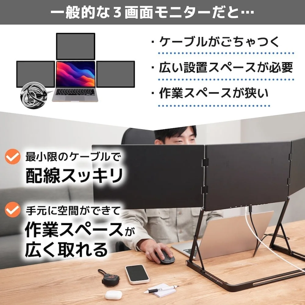 配線がスッキリし作業スペースを広く確保できる拡張モニター