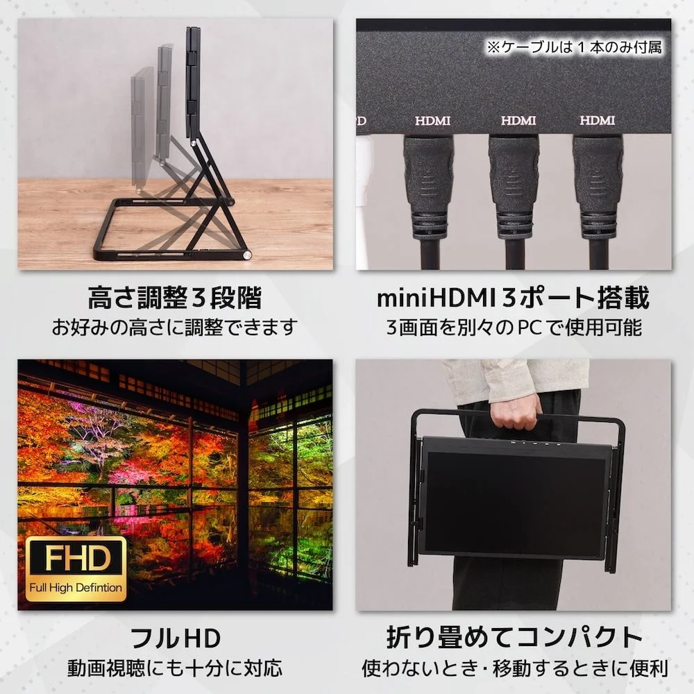 3段階の高さ調整やminiHDMIポート、折りたたみ収納に対応