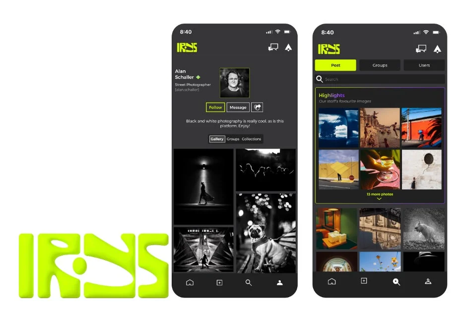 写真アプリIrysのプロフィール画面とフィード画面のUI