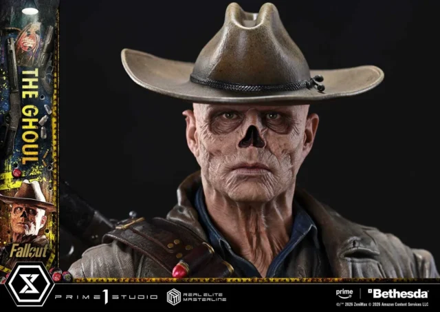 冷酷な目の光と干からびた肌の質感が表現されたグールスタチューの顔