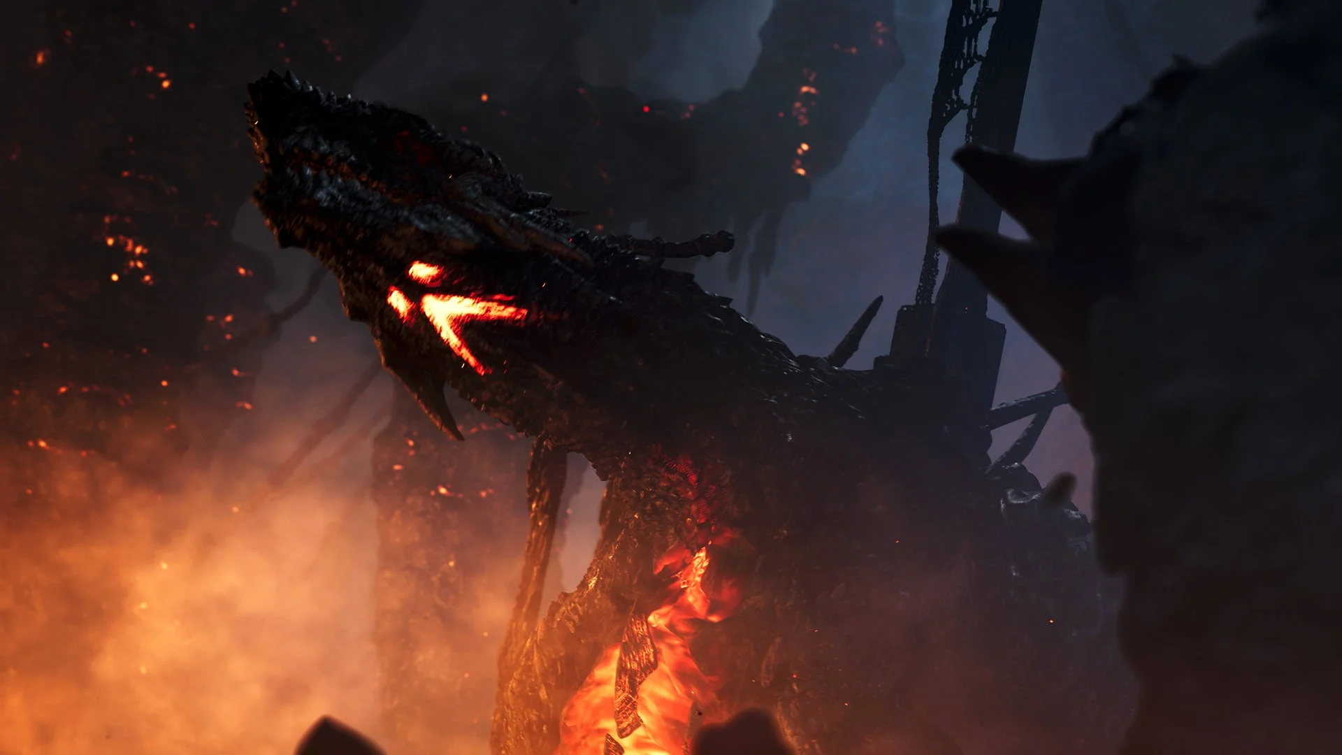 背中に撃龍槍が突き刺さった古龍ゴグマジオスの顔アップ