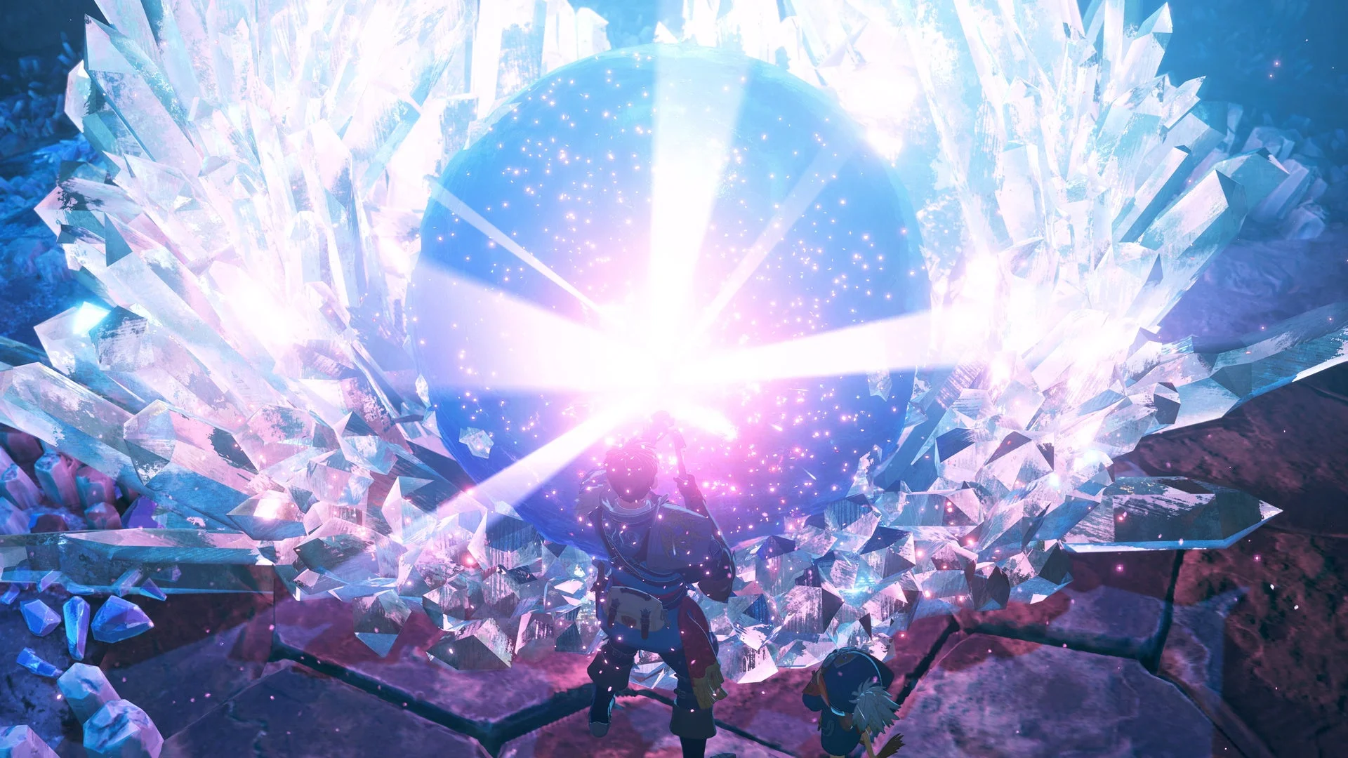 主人公が光り輝くタマゴを保護するゲーム画面