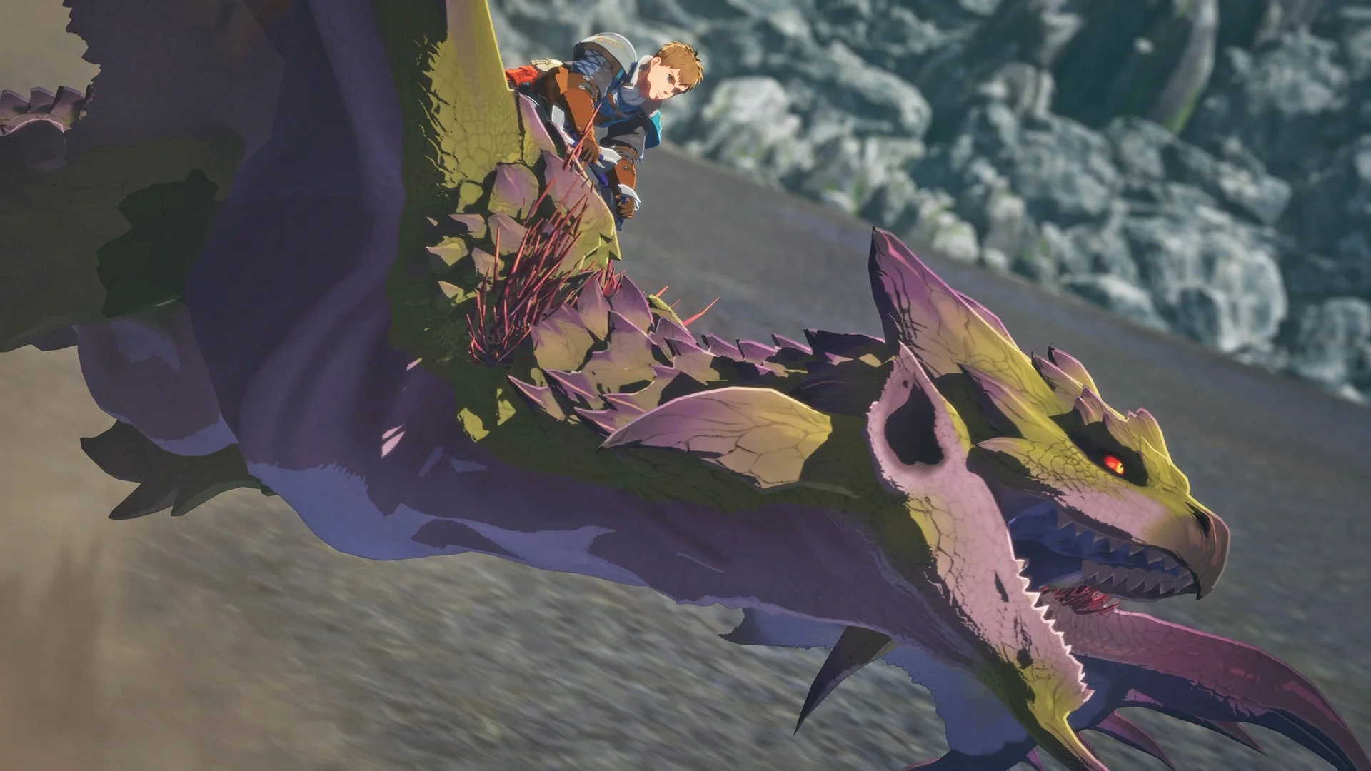 主人公が紫毒姫リオレイアに乗って飛行するゲーム画面