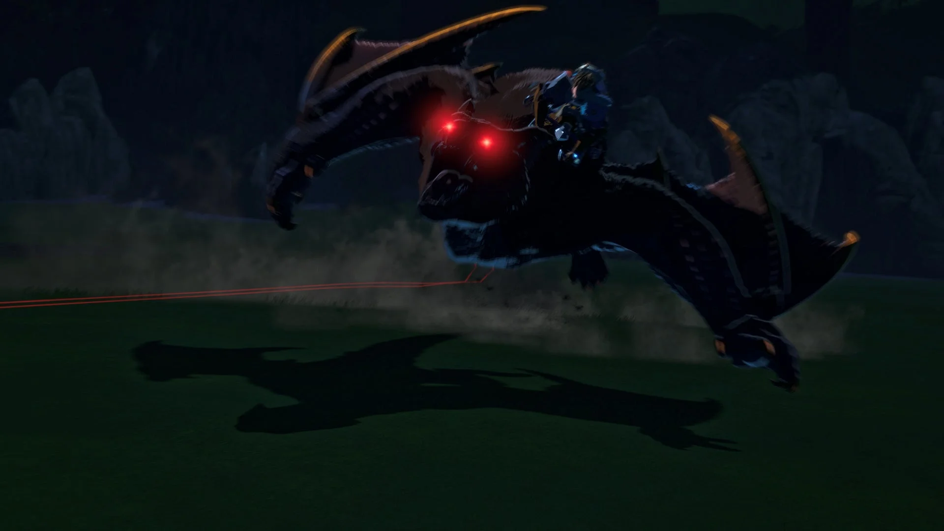 主人公がアルシュベルドに乗って夜の平原を駆けるゲーム画面