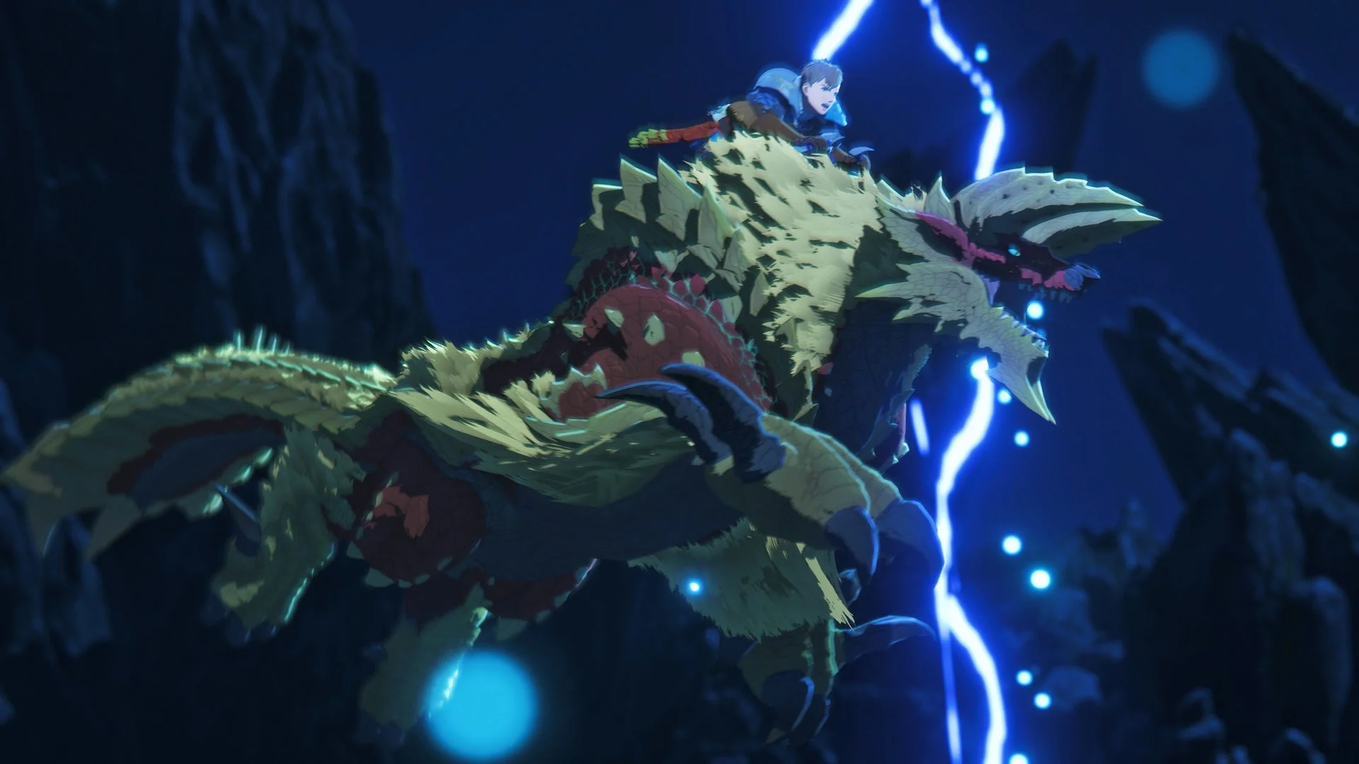 雷光を浴びながら飛行するアルシュベルドと主人公