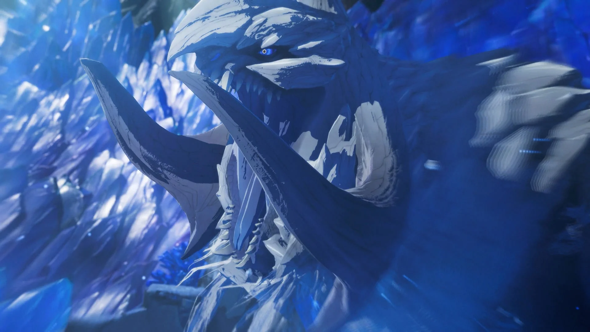 氷の結晶の中で咆哮するアルシュベルドの顔