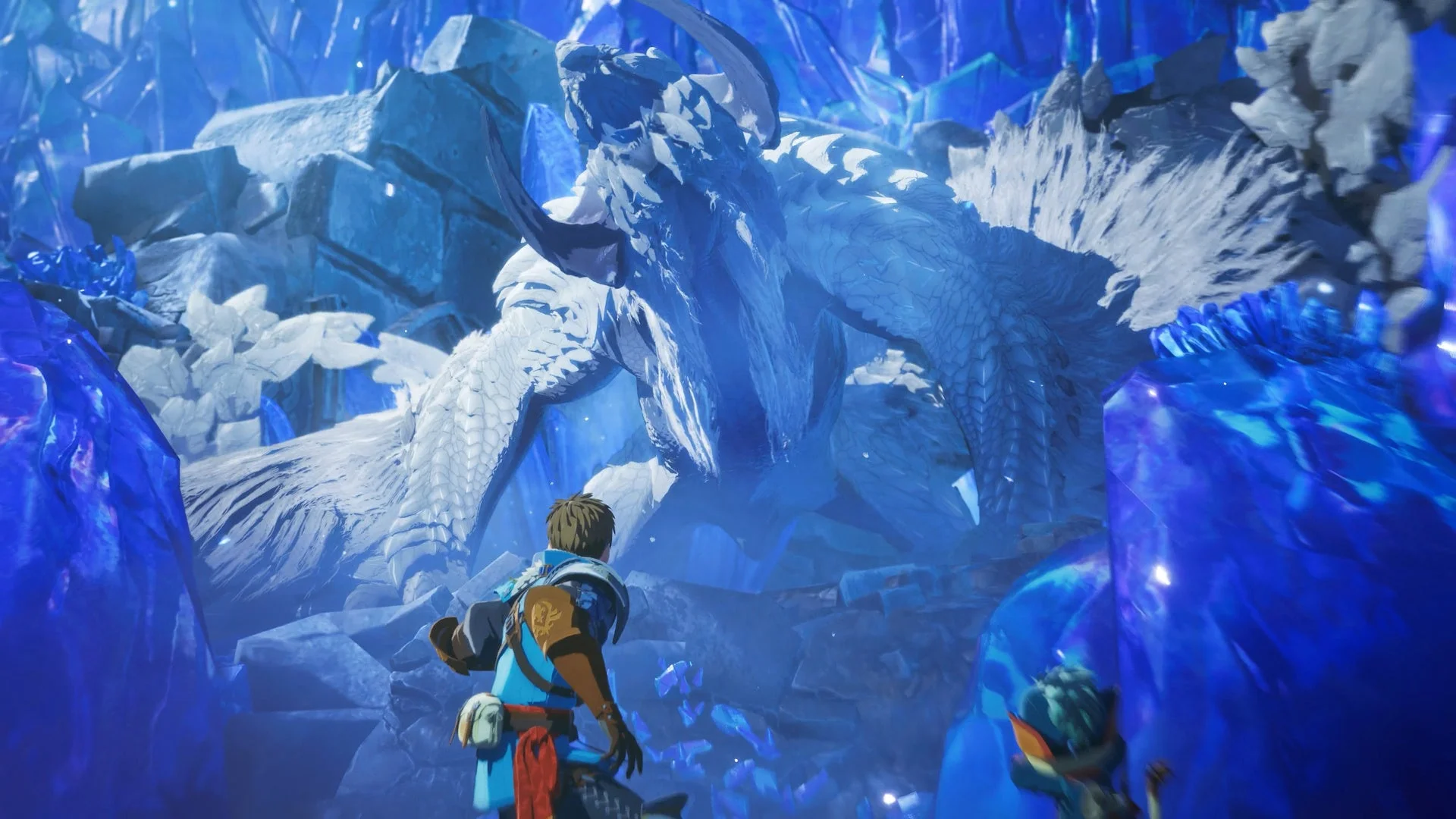 巨大なアルシュベルドと対峙する主人公とアイルー