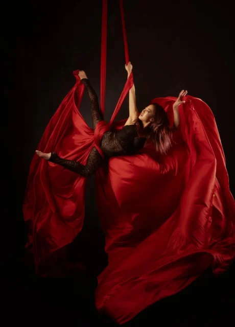 赤い布を使い優雅な空中パフォーマンスを披露するアーティスト
