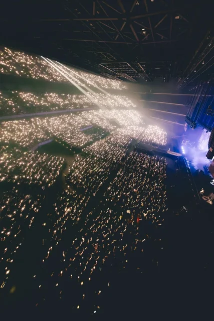 ライブ会場を埋め尽くす観客と光るペンライト