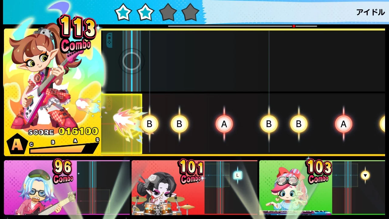 『激奏!BAND STAR』のギターパートプレイ画面。キャラクターがギターを弾き、リズムアイコンが流れてくる。