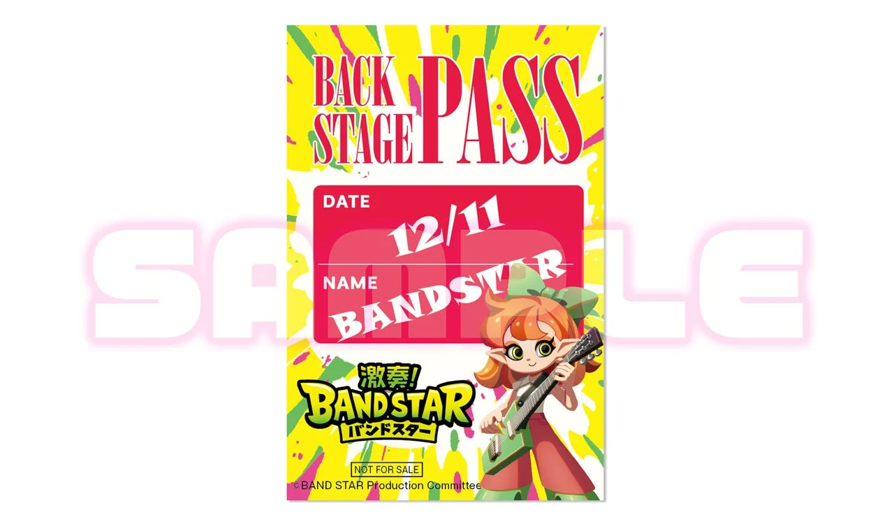 共通特典のバックパス風ステッカー。日付とバンド名が記載され、ギター担当キャラクターが描かれている。