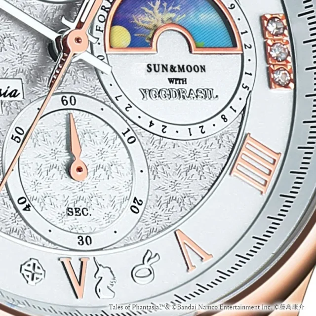 文字盤6時位置の金属装飾と3時位置のメレダイヤの拡大