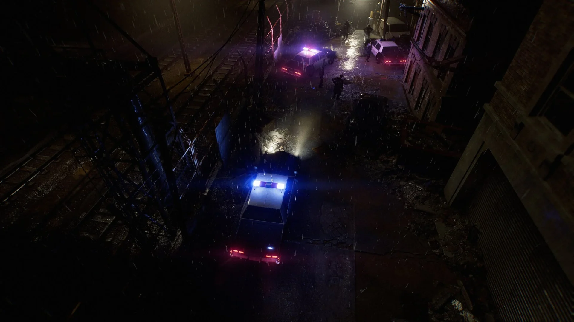 雨の夜、警察車両と警官が事件現場を捜査するゲーム画面。