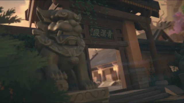 「ゼンレスゾーンゼロ」の世界観を示す、伝統的な建築と獅子像