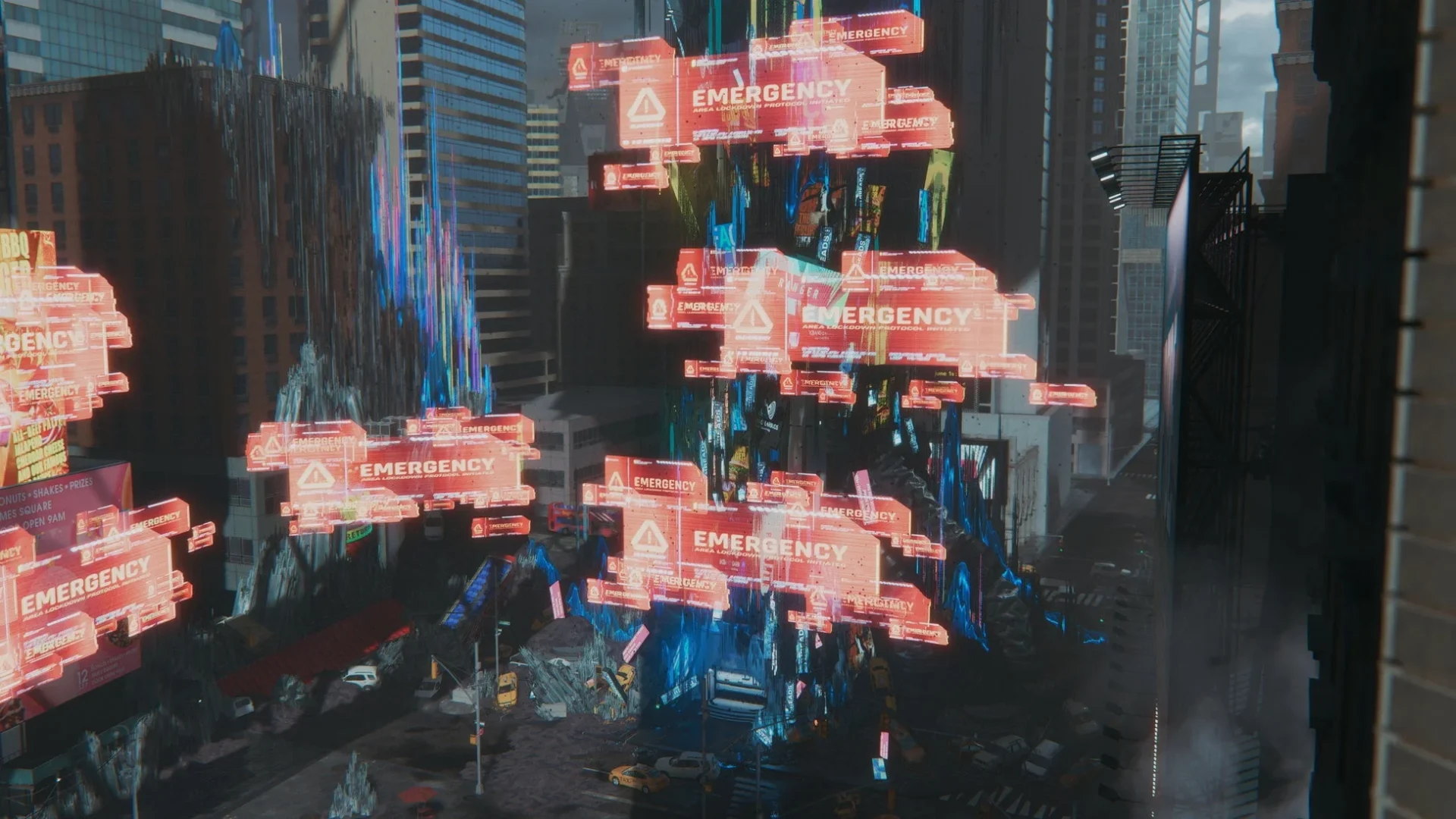 緊急表示が多数浮かぶ月面都市の風景