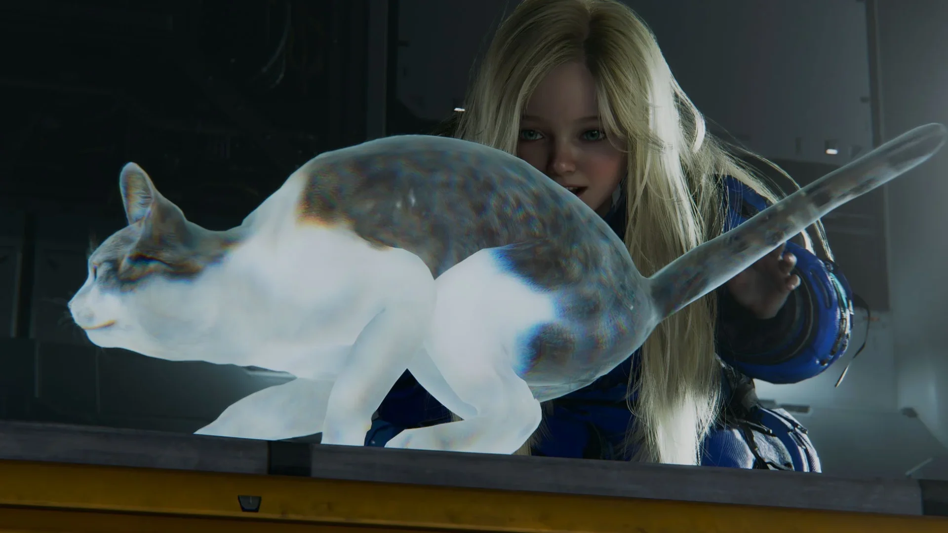 ディアナがホログラムの猫を見つめる