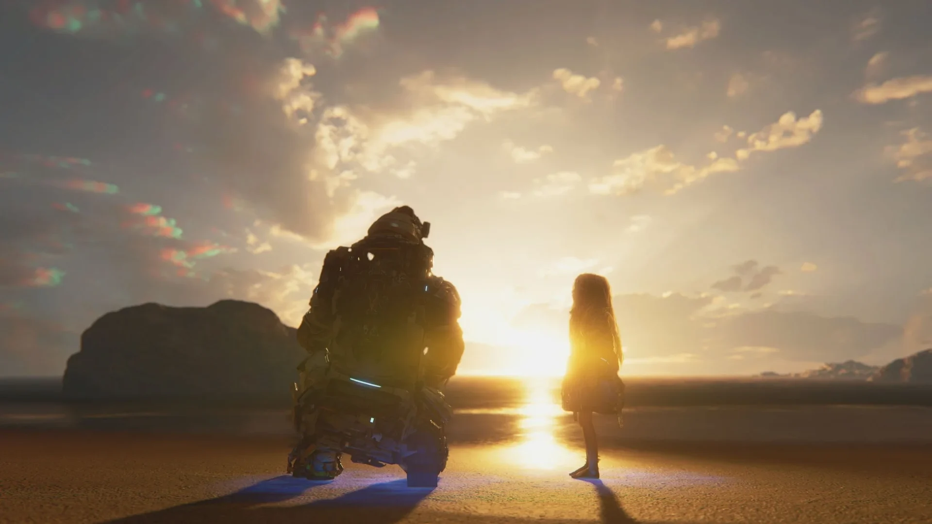 夕焼けのビーチでヒューとディアナが海を見つめる