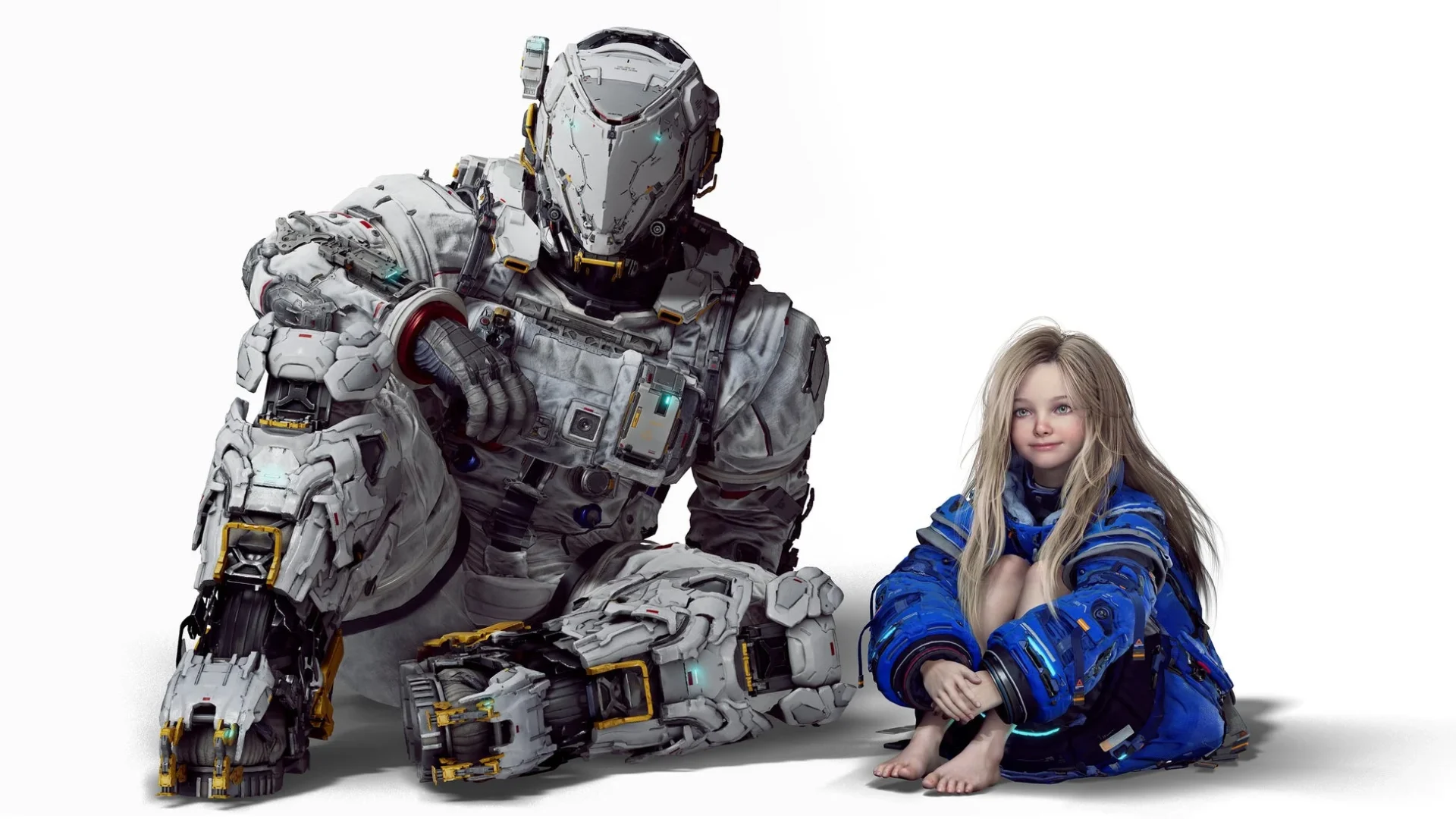 宇宙服姿のヒューと座り込む少女ディアナのキービジュアル