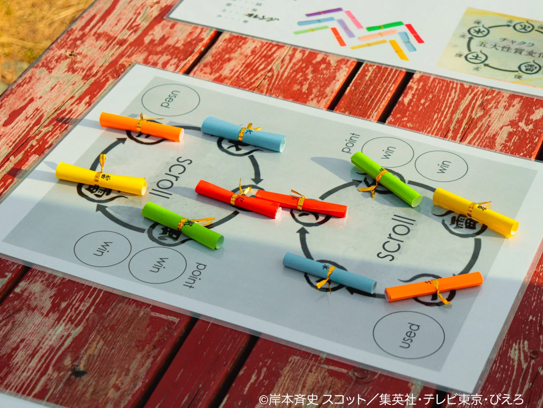 忍術性質変化バトルの専用ボードに配置された色とりどりの巻物