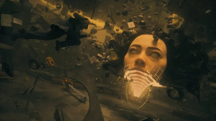 崩壊した世界で巨大な女性の顔が浮かぶゲーム画面