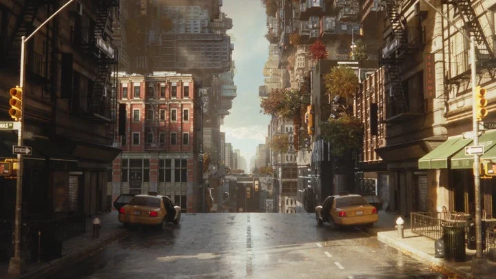 重力が歪み建物が上下反転したようなマンハッタンの街並み