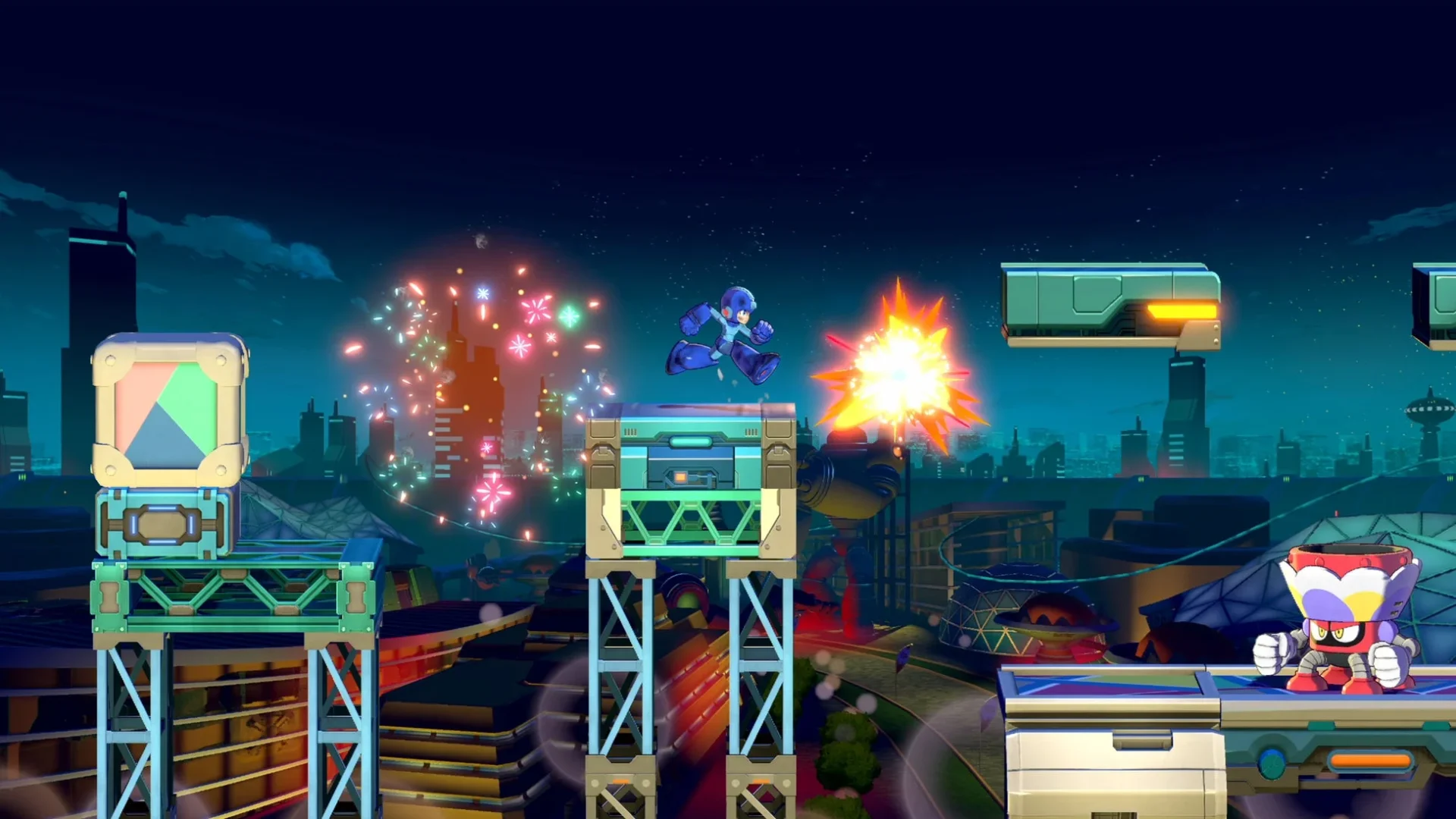 『ロックマン: デュアル オーバーライド』の夜景ステージでの戦闘シーン