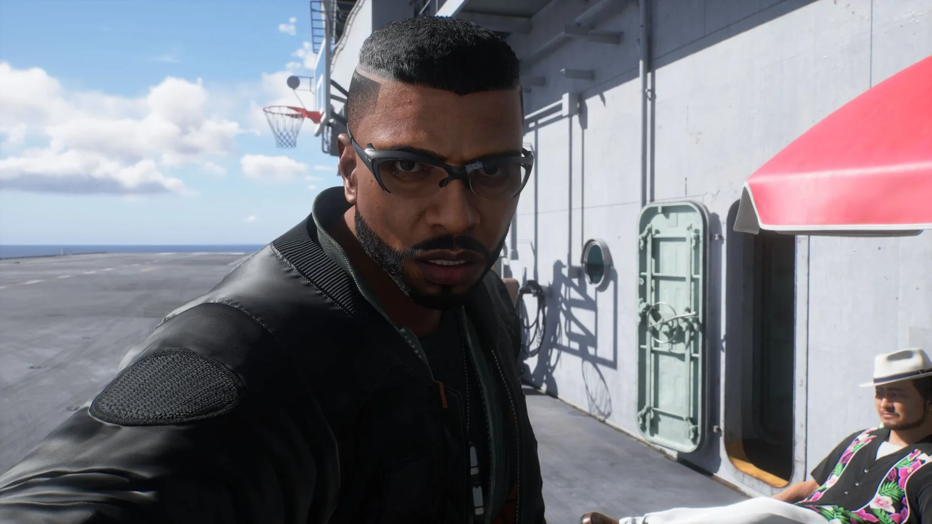 空母甲板で振り返る男性キャラクター