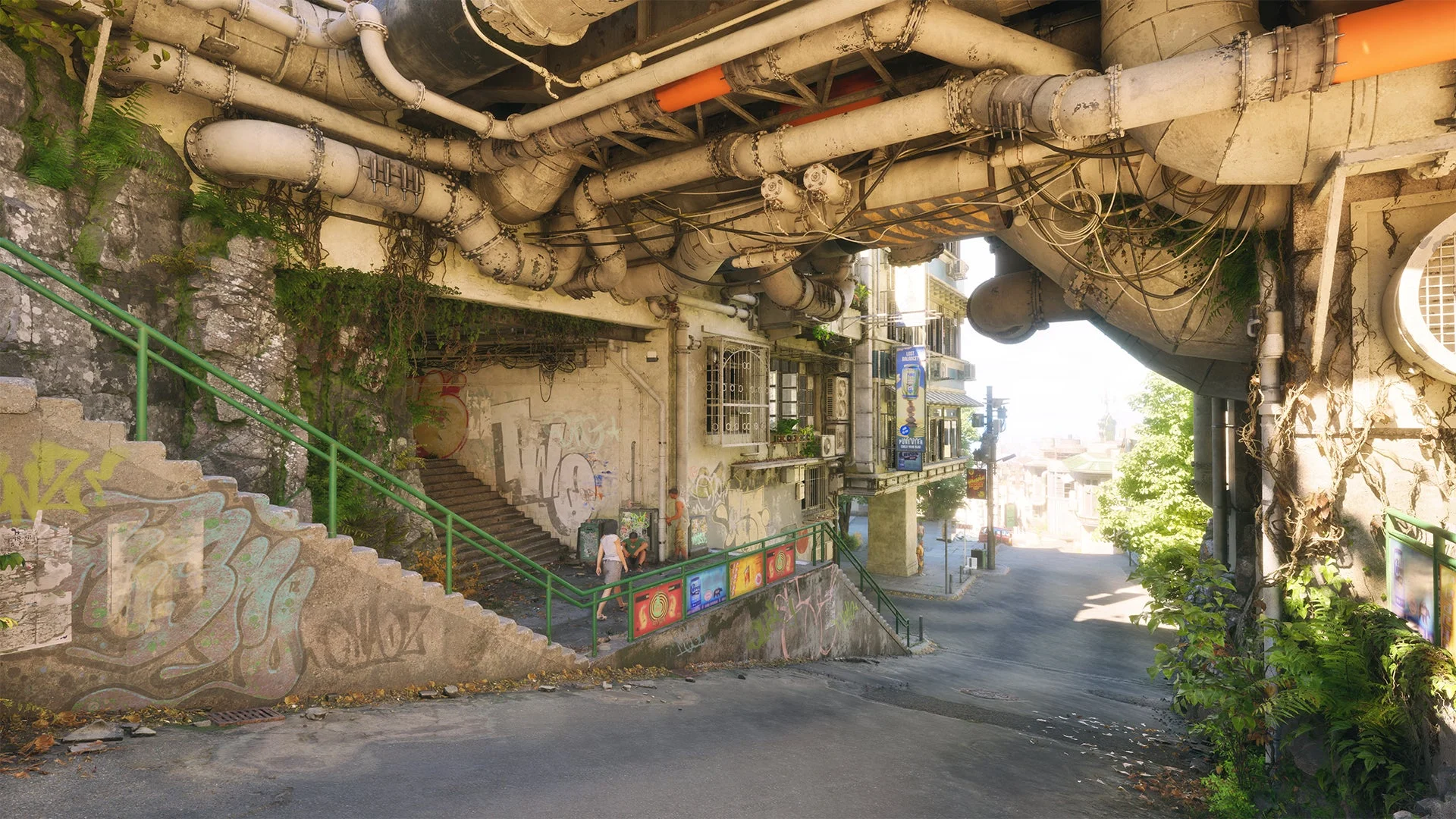 複雑な配管と荒廃した街並みが特徴的なPort Desireのゲーム画面