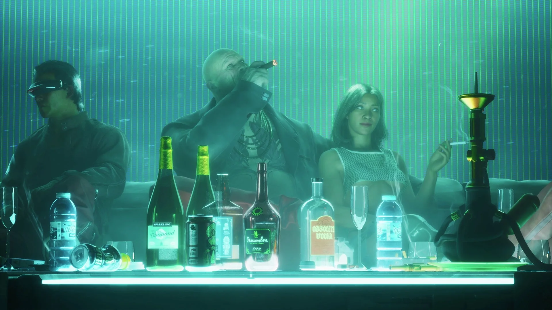 ネオンが輝くバーでくつろぐ人々が描かれたゲーム画面