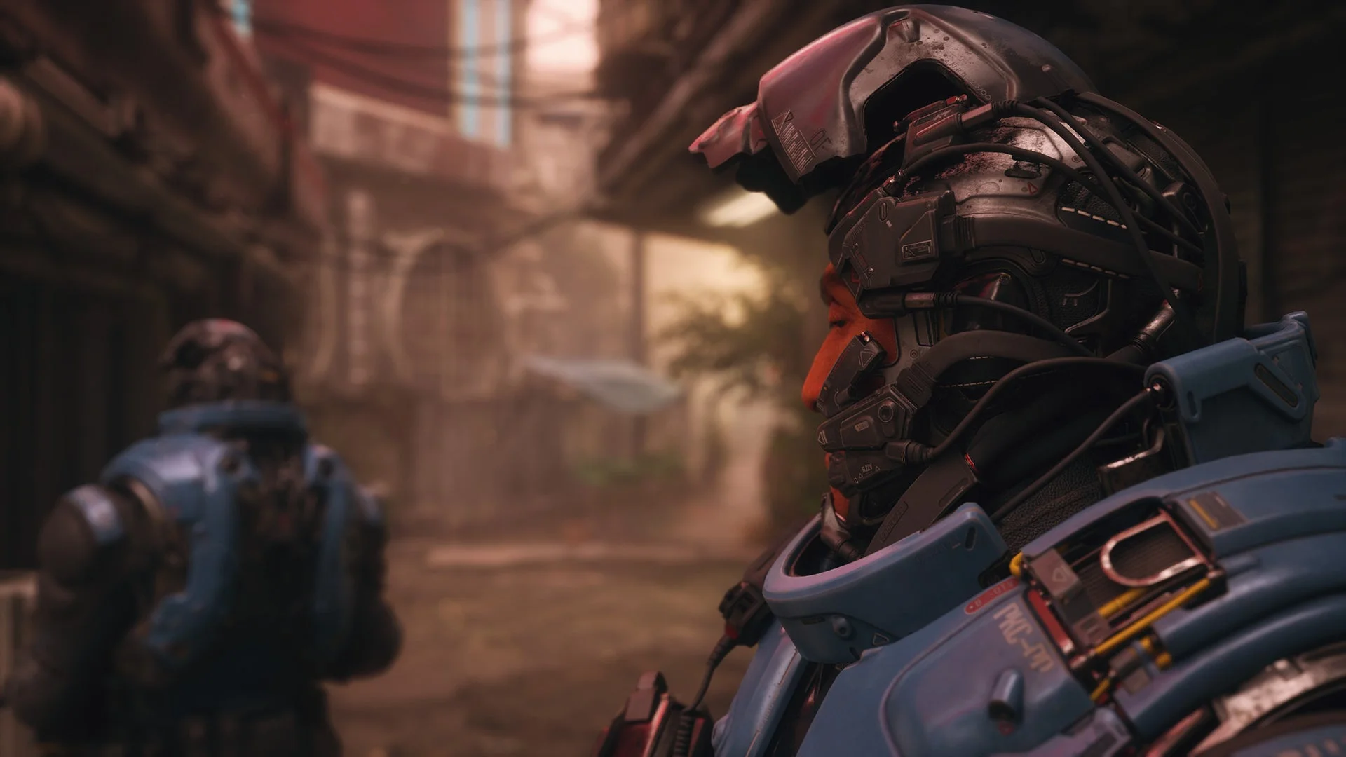 サイバーなヘルメットを装着したキャラクターの後ろ姿