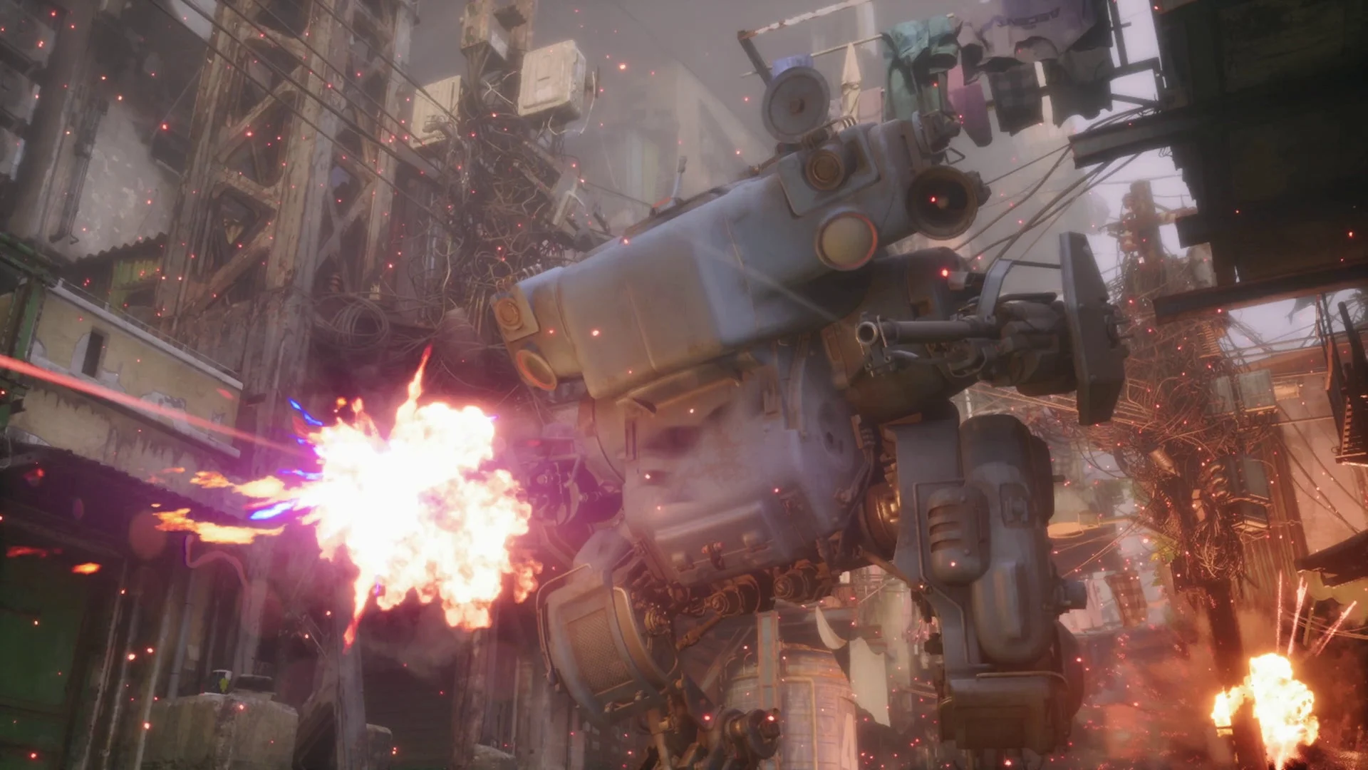 巨大なメカが攻撃を仕掛ける迫力あるゲーム画面