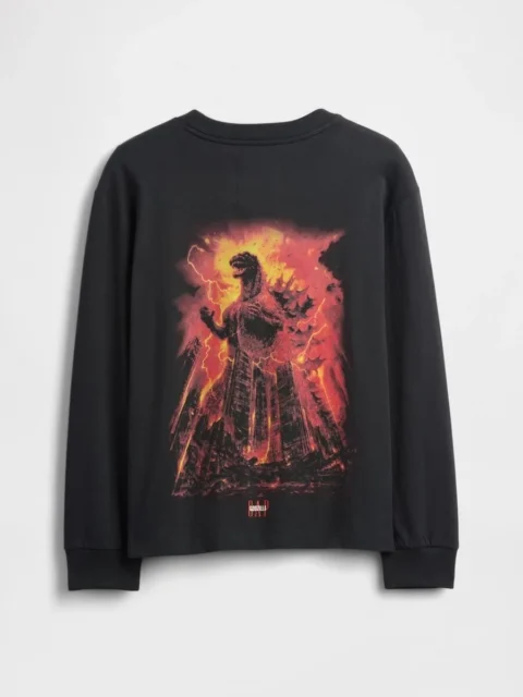 黒いゴジラ グラフィック GAPロゴ Tシャツ(バック、炎のゴジラ)