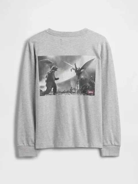 グレーのゴジラ グラフィック GAPロゴ Tシャツ(バック、怪獣大戦争)