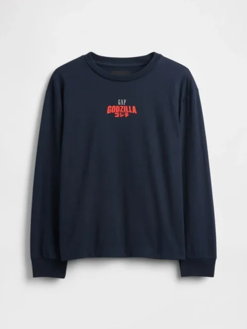 紺色のボーイズ ゴジラ グラフィック GAPロゴ Tシャツ(フロント)
