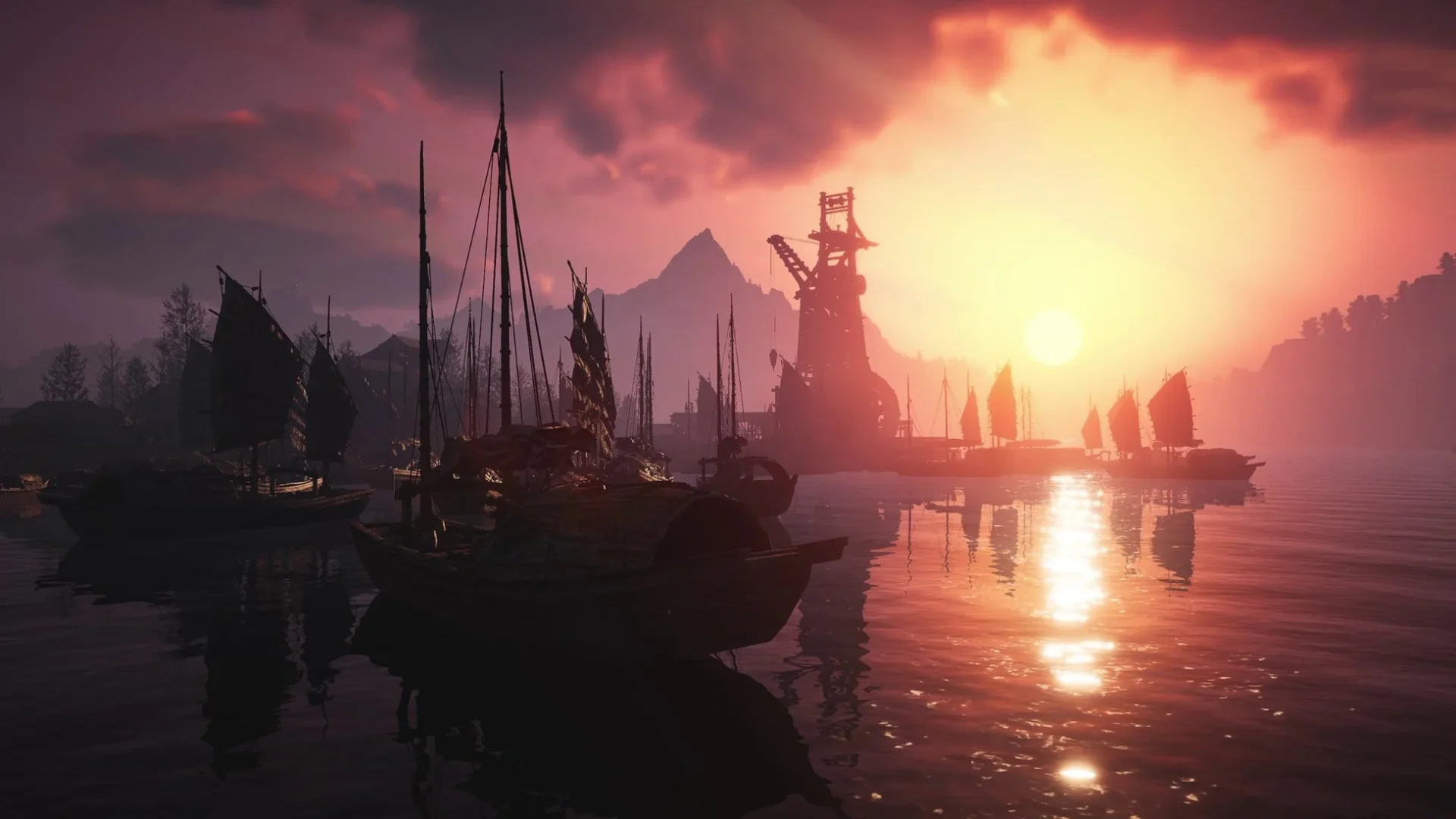 『風燕伝』モバイル版の美しいグラフィックを示す夕焼けの港の風景