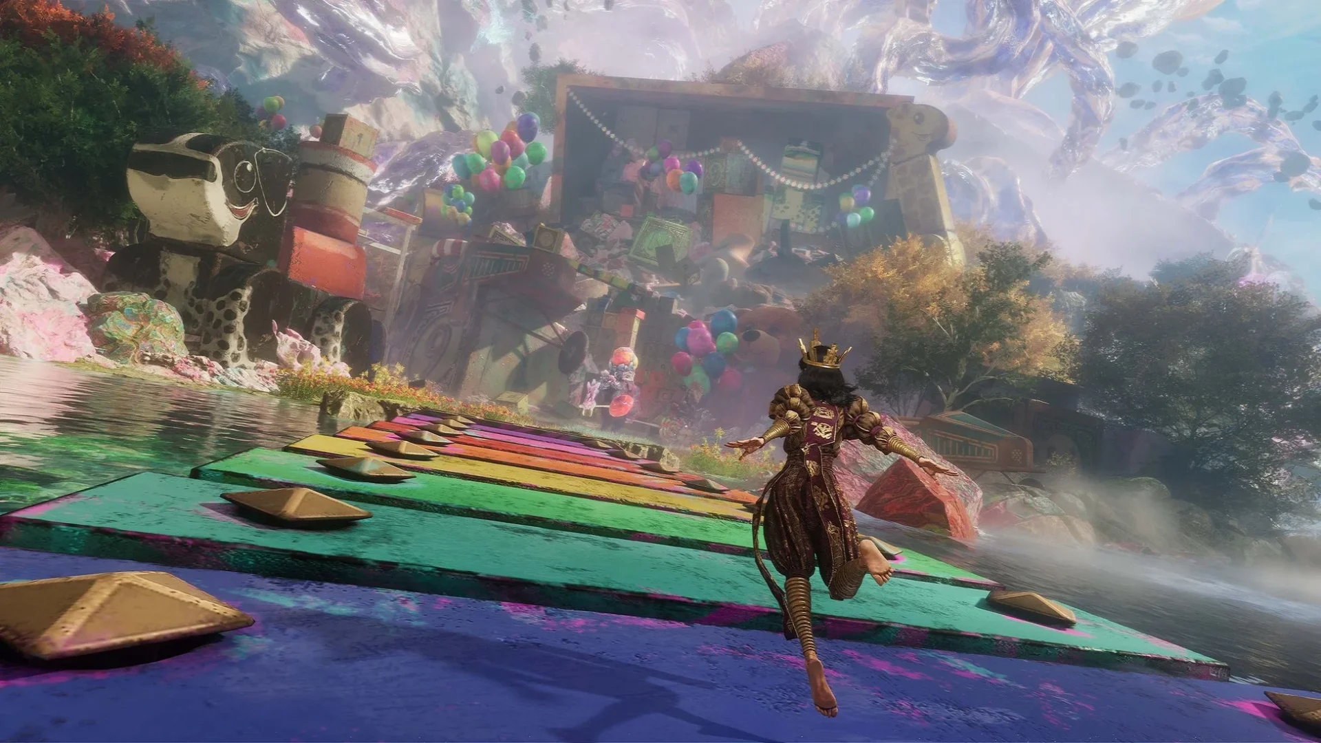 新エリアのカラフルな橋を渡るキャラクター