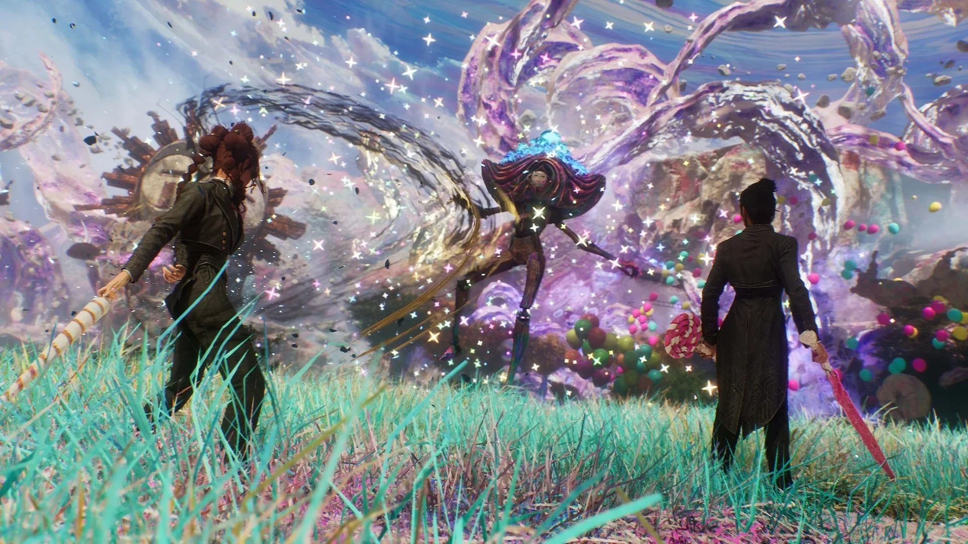 新ボスバトルで敵と戦うパーティーメンバー