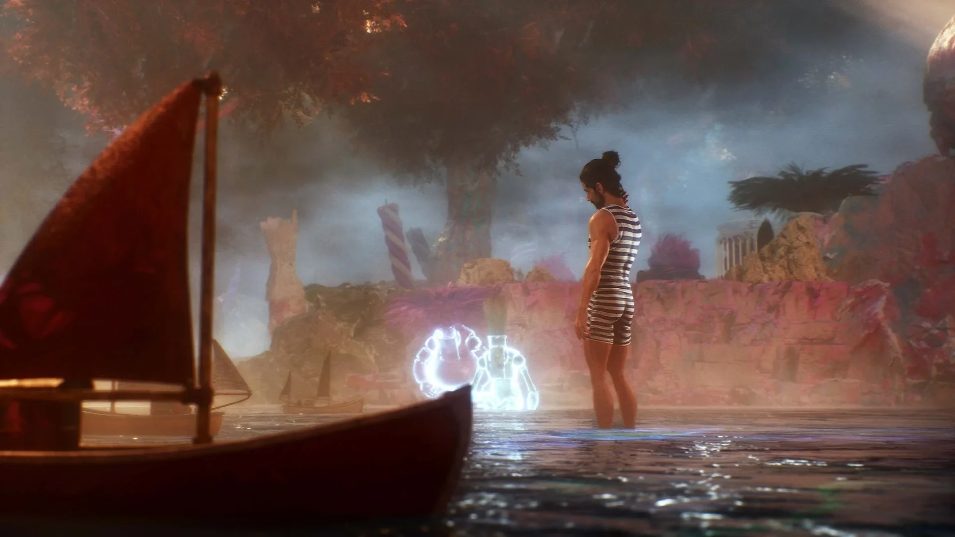 新エリアの神秘的な水辺に立つキャラクター