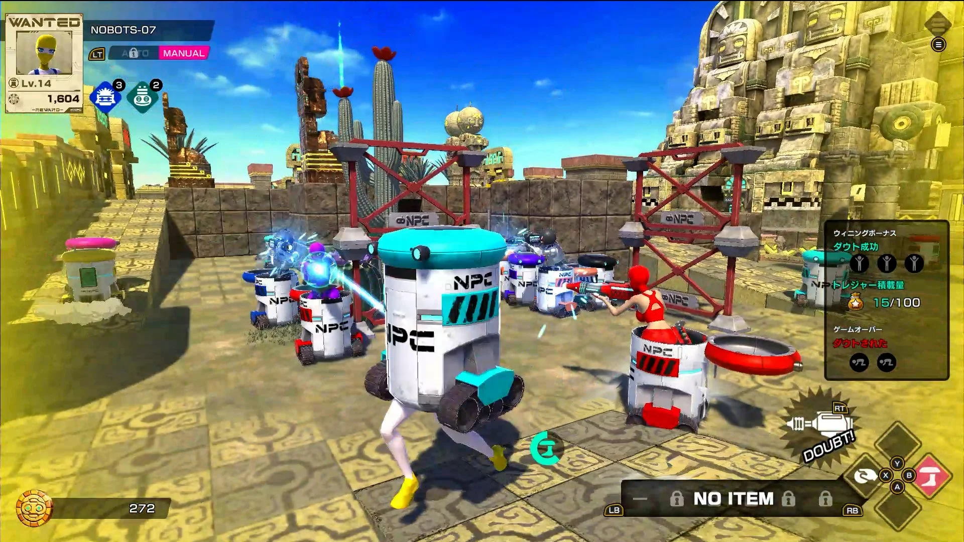 『VIVA NOBOTS』ゲーム画面、ダウトガンを構えるNOBOTSとUI表示
