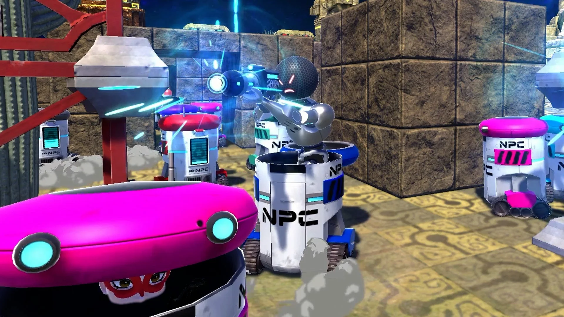 『VIVA NOBOTS』ゲーム画面、アンドロイドがダウトガンで攻撃する様子