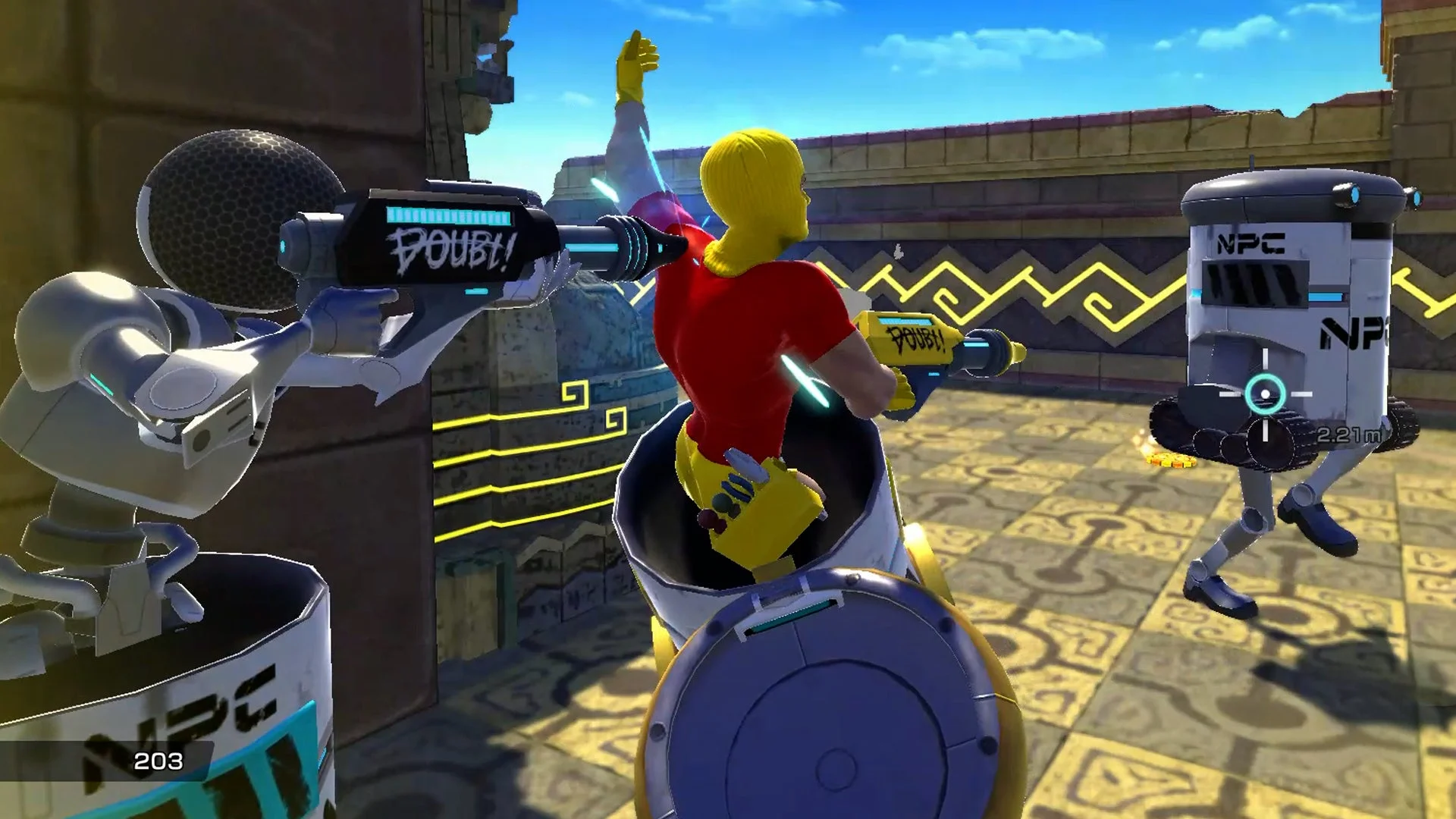 『VIVA NOBOTS』ゲーム画面、人間が操るNOBOTSがダウトガンで攻撃される瞬間