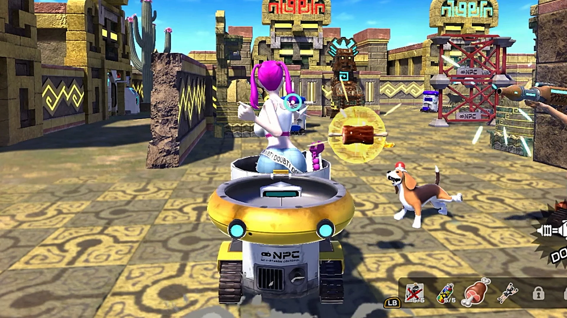 『VIVA NOBOTS』ゲーム画面、遺跡でパワーフルーツを獲得するNOBOTS