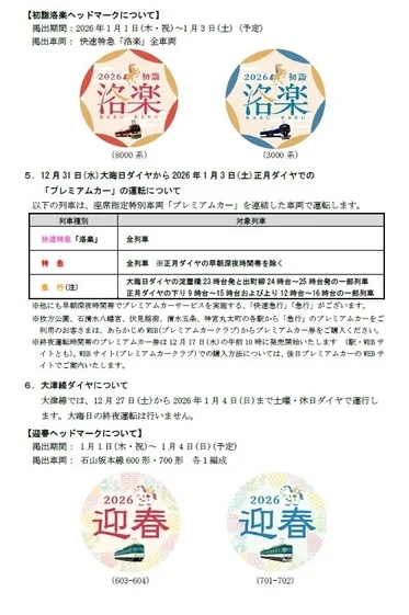初詣快速特急「洛楽」のヘッドマークデザインとプレミアムカー運転の案内