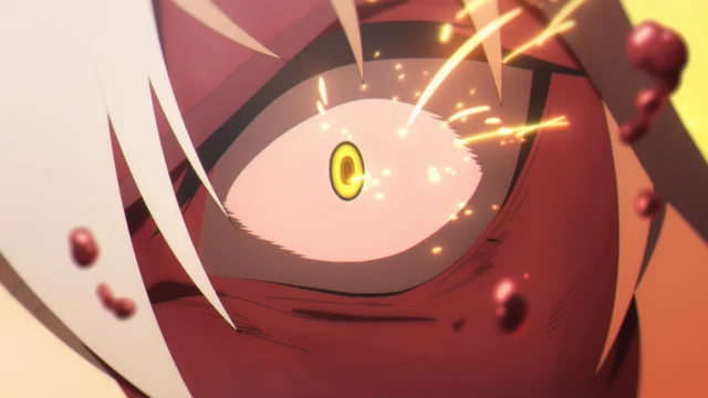 燃えるような赤い目のアップ