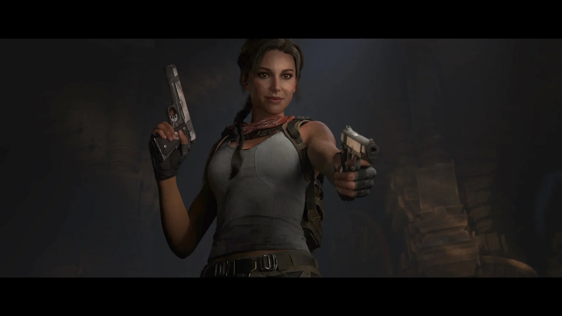 『Tomb Raider: Catalyst』でララ・クロフトが二丁拳銃を構えるアクションシーン。