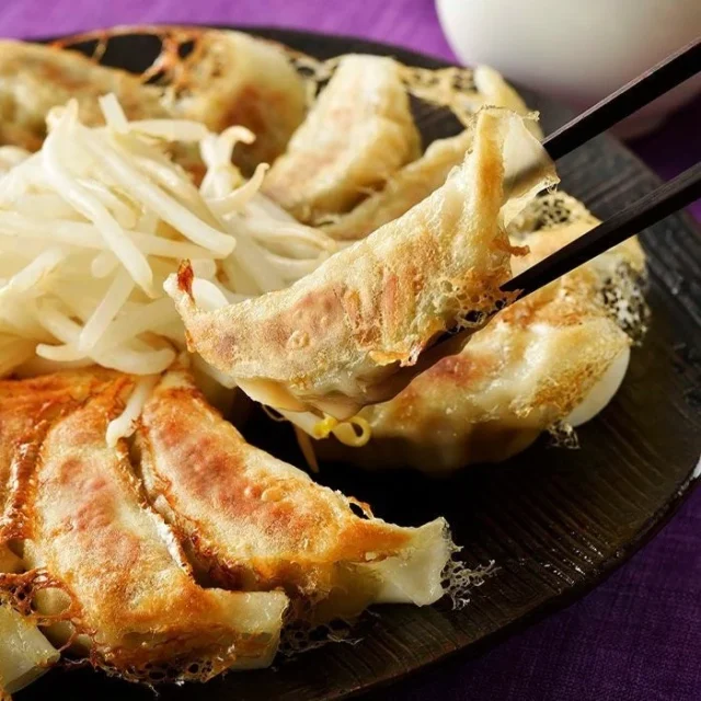 浜松餃子の五味八珍の餃子と茹でモヤシ、箸でつまんだ餃子