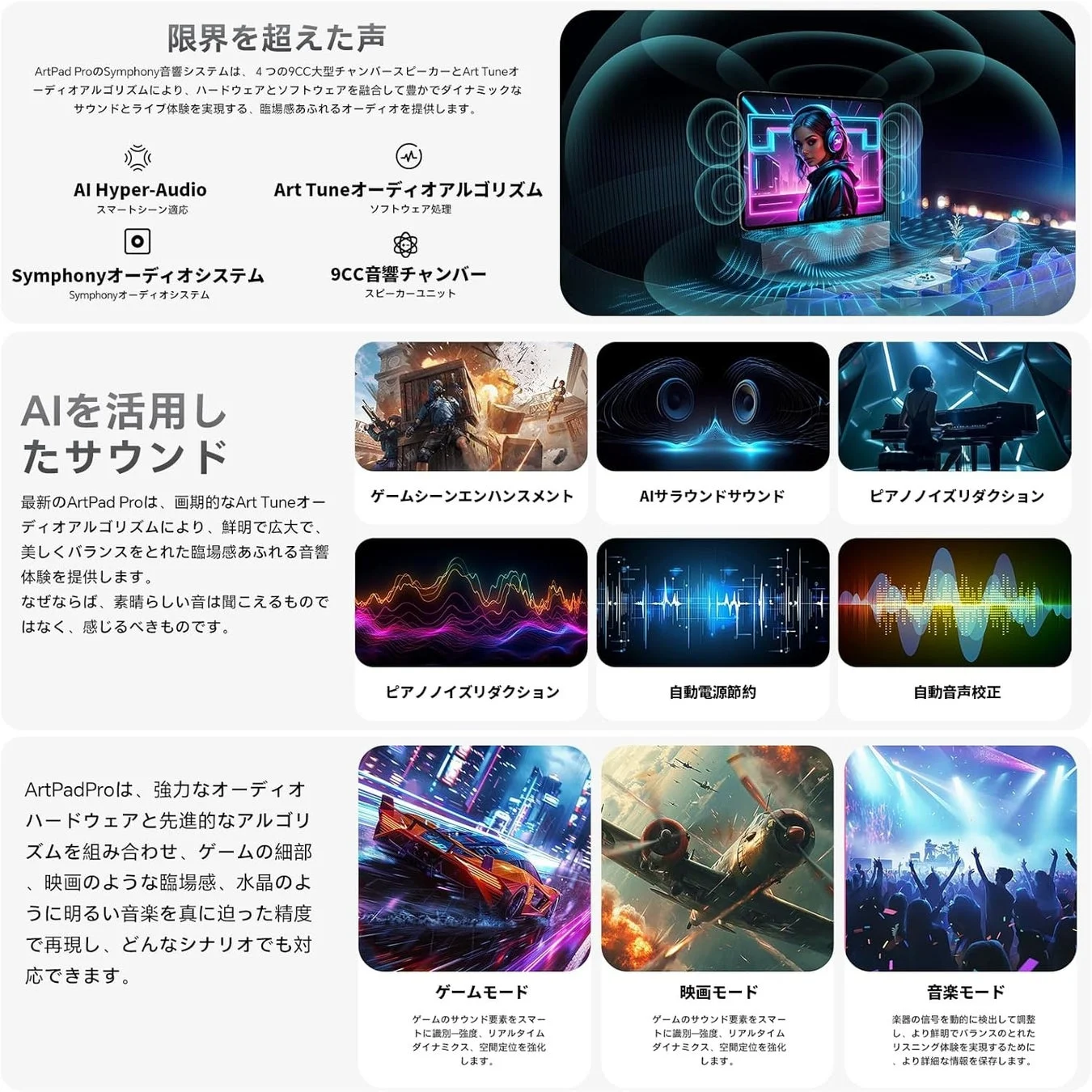 Teclast ArtPad ProのSymphonyサウンドシステムとAIを活用した音響技術