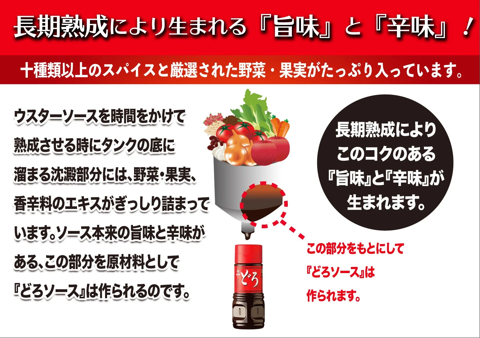 どろソースの旨味と辛味の秘密を解説する説明画像